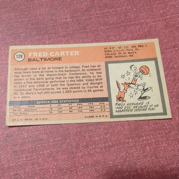 VINTAGE - 1970 TOPPS BASKETBALL / "FRED CARTER" #129 BALTIMORE - ROOKIE - Picture 5 of 6